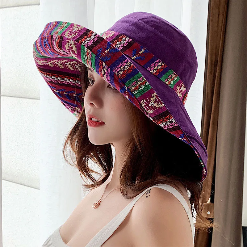 

Free Shipping Ethnic style double-sided fisherman hat female sun visor basin hat cloth hat