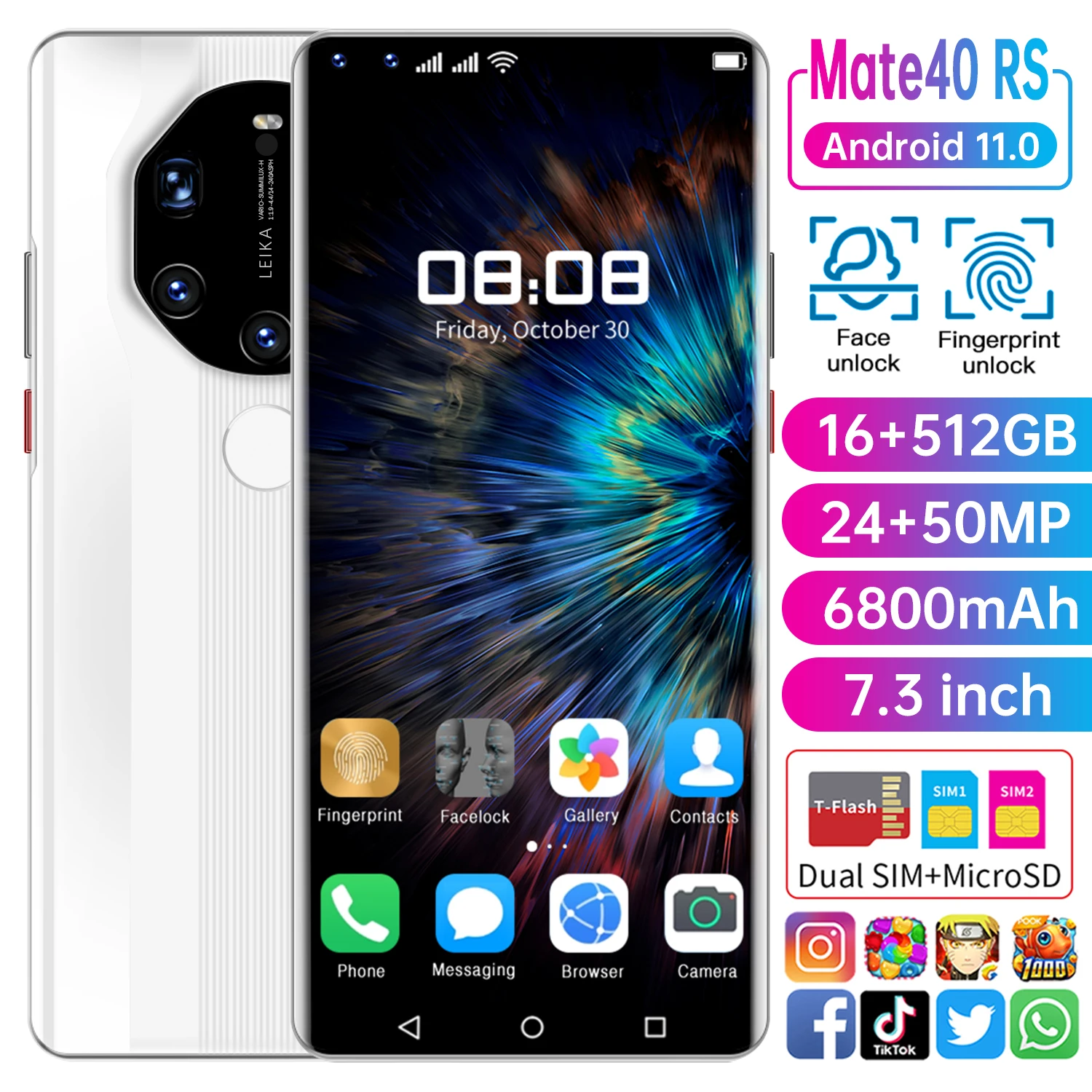 Смартфон глобальная версия Mate40 RS 7 3 дюйма 6800 мАч задняя пять камер мобильный