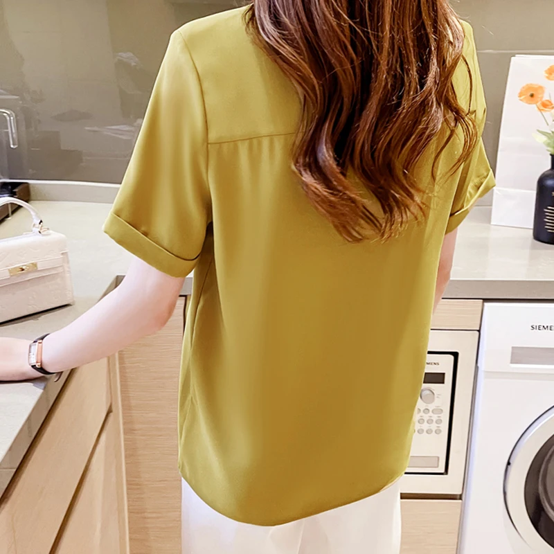 

Chiffon Blouse 2021 Summer Short Sleeve Women Office Lady V Neck Solid Color Women Shirts Plus Size Female Clothing Blusas 13753