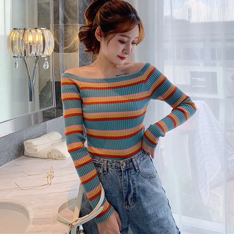 

Women Autumn Winter Stripes Knitwear Sweater Slim Long Sleeved Off Shoulder Bottom Korean Sweet Jumpers