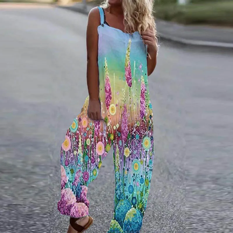 

Casual Straps Jumpsuit Women Summer 2021 Fashion Daisy Floral Print Sleeveless Romper Sexy Off Shoulder Chic Overalls Streetwear