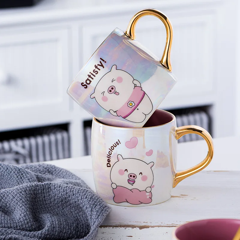 

Simple ins design colorful cartoon pig pearl glaze ceramic mug female water cup coffee with cover and spoon