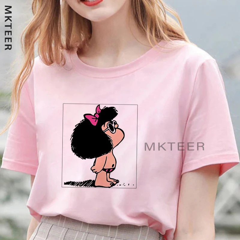 Тоды Mafalda розового цвета с рисунком в виде Футболка женская мода харадзюку