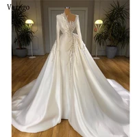 verngo luxurious pearls mermaid wedding dresses with attahcable train long sleeves winter wedding bridal gowns custom free veil