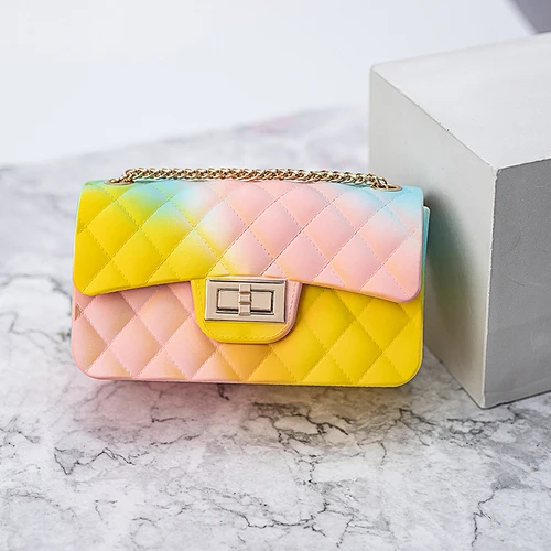 New Jelly Small Square Bag Clutch Purse Women's Bag Messenger Bag Gradient Rainbow Rhombic Chain Shoulder Crossbody Bag - Цвет: pink