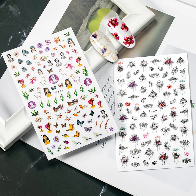 

2021 Butterfly Flowers Nail Stickers 3D Lady Face Design Adhesive Wraps Manicure Nail Art Decoration Decals