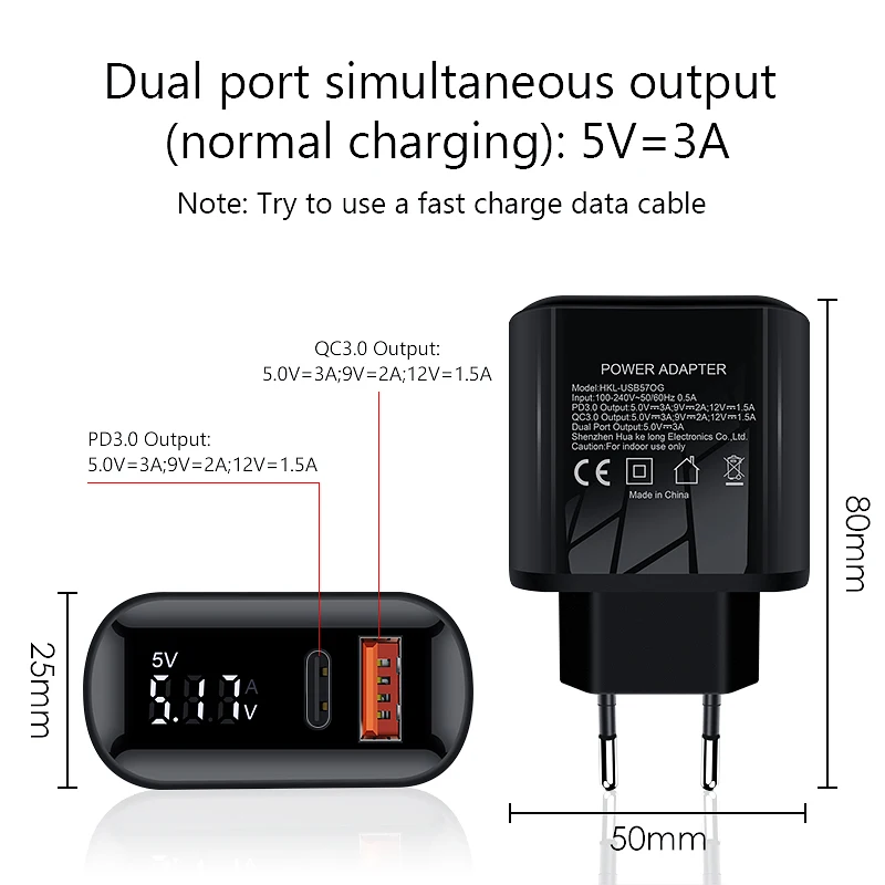 VVKing USB зарядное устройство 18 Вт PD Быстрая зарядка usb type C HD Smart display EU разъем для iPhone