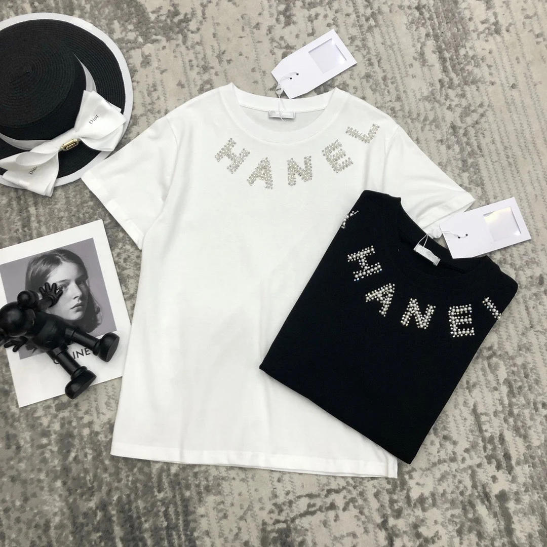 

Pure Cotton White T-shirt Women's Summer Short Sleeve 2021fashion Designer New Beaded Rhinestone Casual T-shirt Top