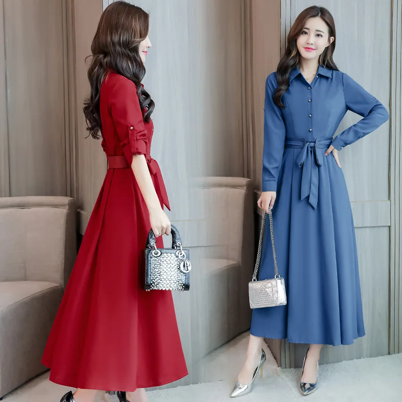 

Spring New Korean Version of Slim and Slim Long Women's Long-sleeved Cotton and Linen Dress