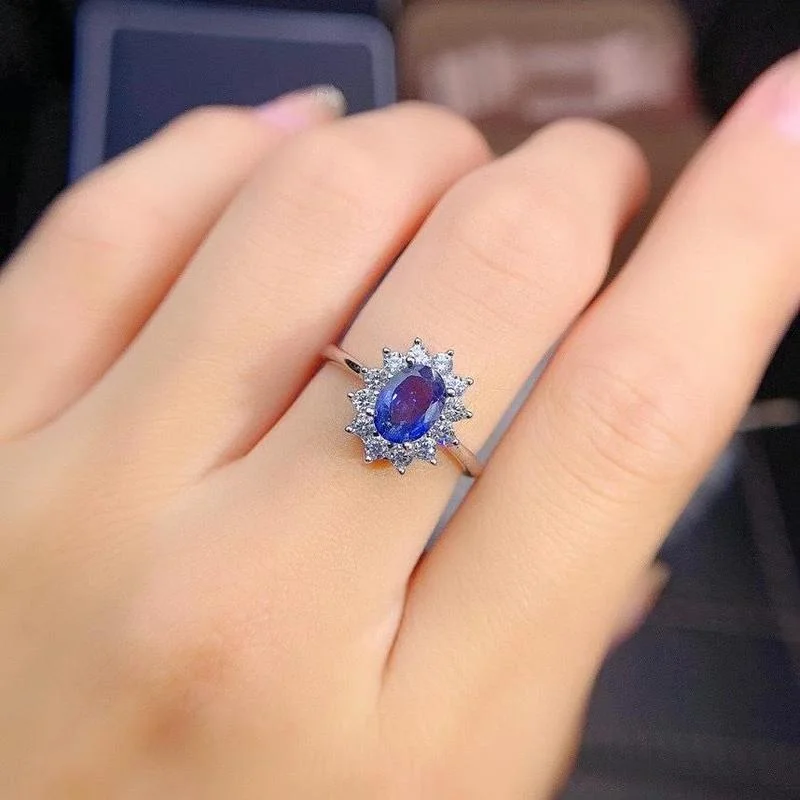 925 Sterling Silver New Woman Fashion Jewelry High Quality Natural Sapphire Open Adjustable Size Ring