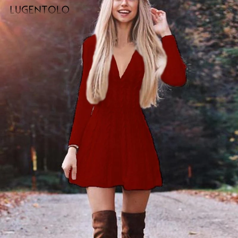 

Women Sweater Autumn Winter Long Sleeve Sweaters Solid Color Loose V-neck Female Casual Knitted Sweater Lugentolo