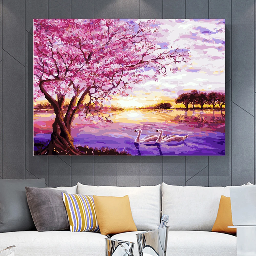 Картина маслом Сакура на закате рисование по номерам сделай сам настенная Краска