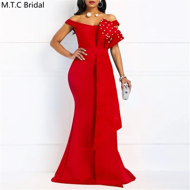 Длинное Красное платье-Русалка с открытыми плечами и жемчужинами | Свадьбы