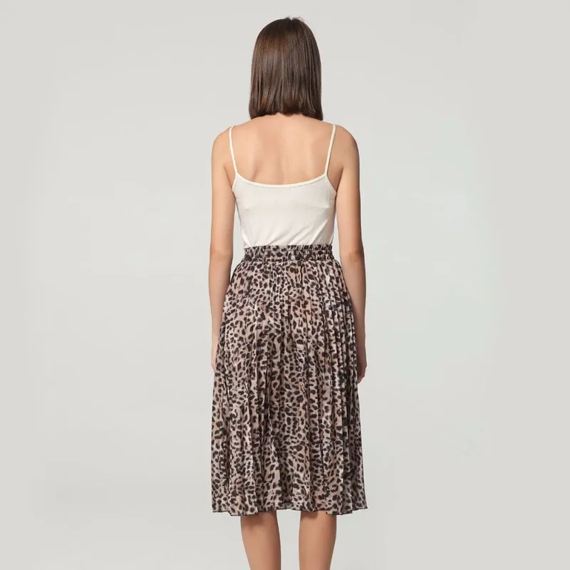 

2019 Fashion Women's Casual Leopard Tie Bow with Elastic Waist Fold Skirt High Waist Mid-Calf A-Line Leopard Skirt