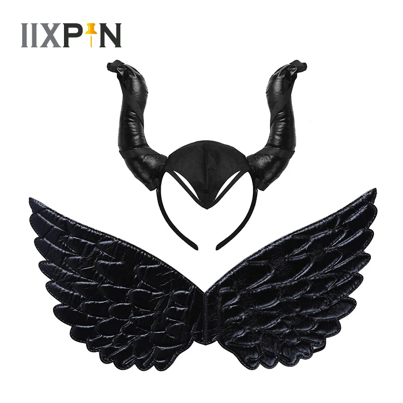 Детский реквизит для косплея на Хэллоуин черные крылья бычий Рог обруч волос