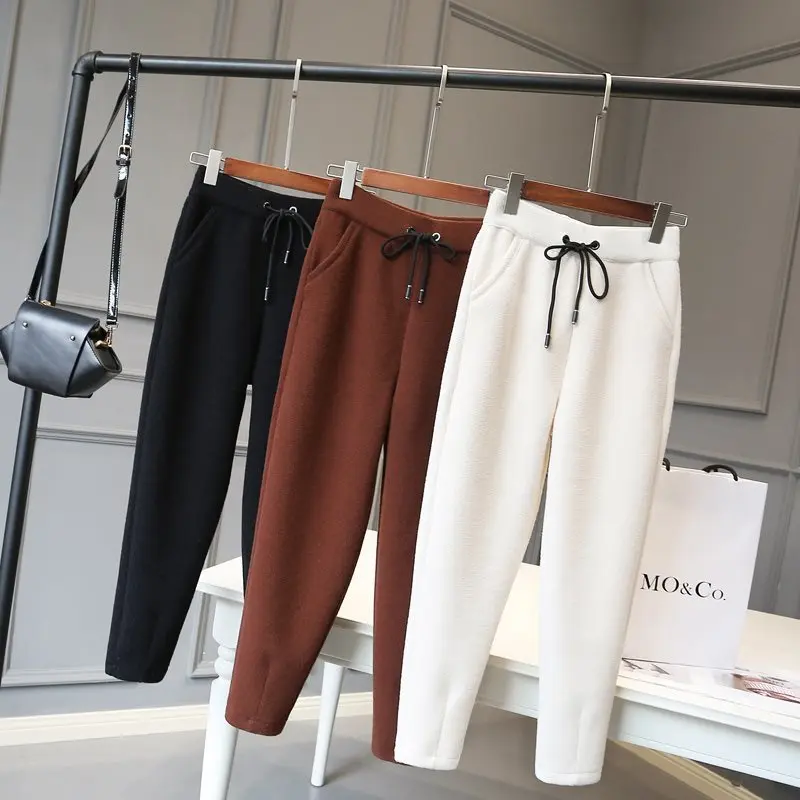 Женские однотонные брюки со средней талией 2020 толстые шерстяные модные черные