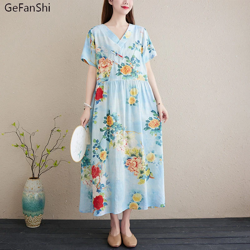 

Женское винтажное платье с цветочным принтом, повседневное свободное пляжное платье из хлопка и льна с V-образным вырезом и коротким рукаво...