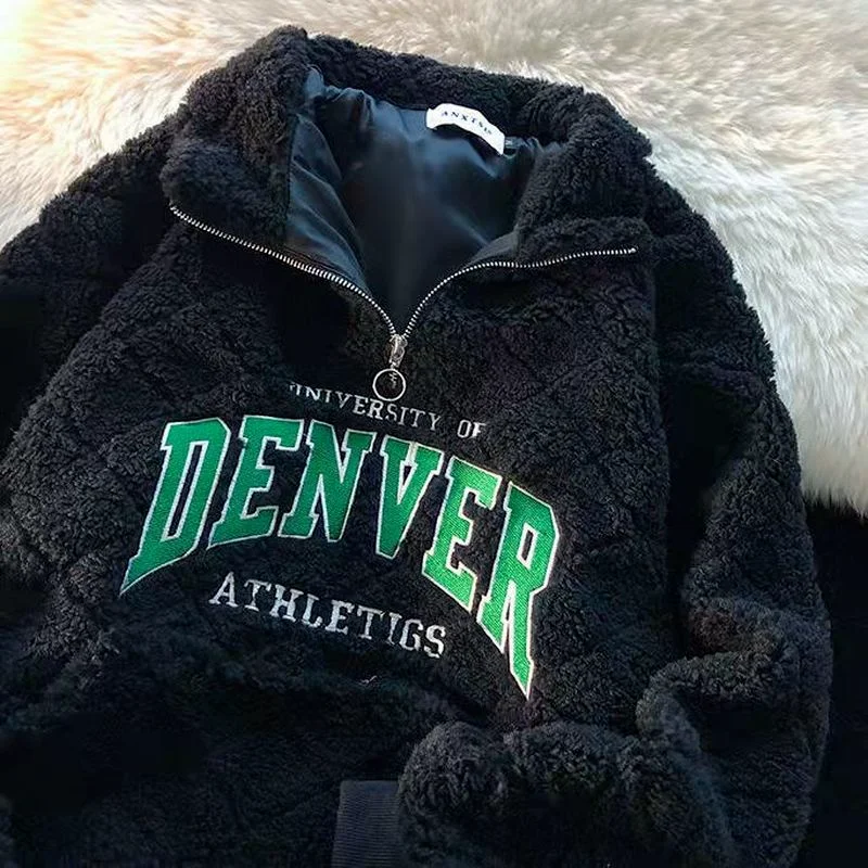 

Черный ромбовидный клетчатый пуловер с надписью и вышивкой пальто и куртки для женщин Студенческая куртка с воротником-поло винтажная зимн...