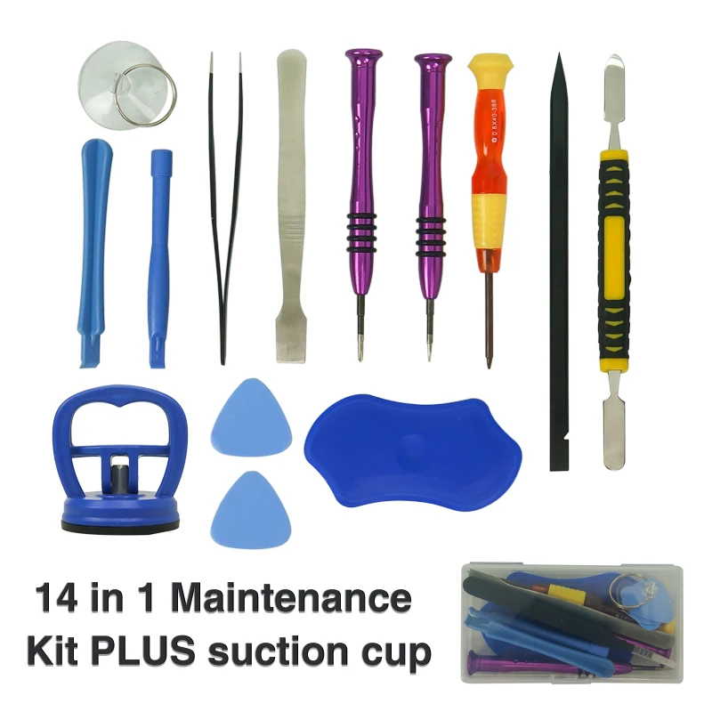 

14pcs Maintenance Kit Plus Suction Cuo Mobile Repair Tools Kit Add Sucker Cup and Crowbars Spudger Pry Opening Screwdriver