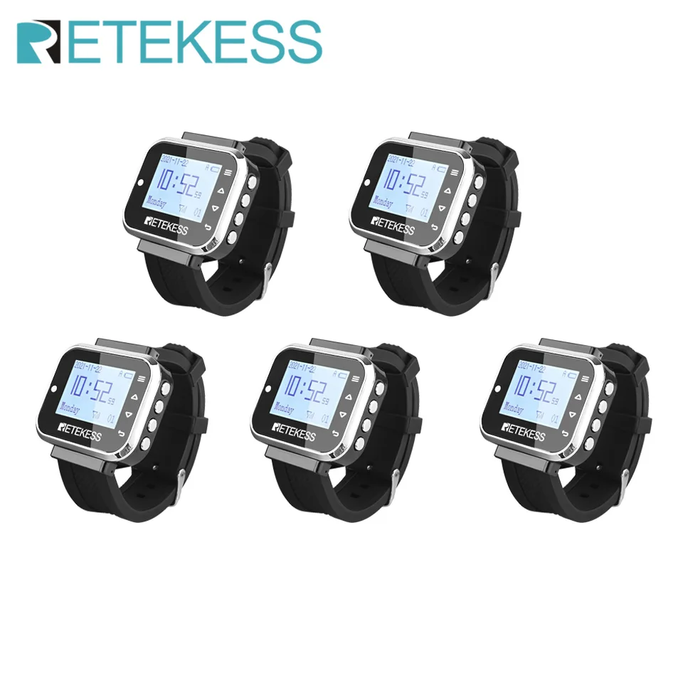 5Pcs Retekess TD110 Wireless Restaurant Pager Waiter Watch Receiver 7 Languages Customer Service For Hookah Bar Cafe
