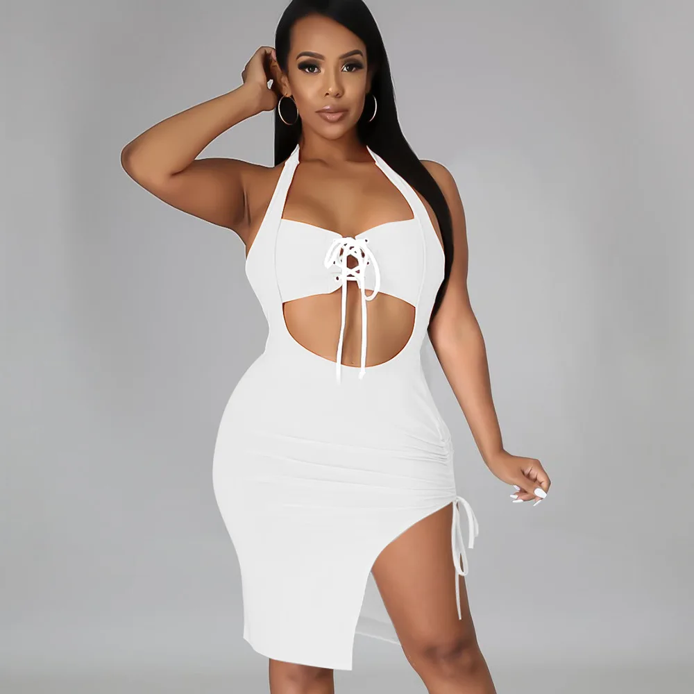 

Women Summer White Dresses 2021 Sexy Club Outfits Hollow Out Backless Halter Bandage Mini Dress Elegant Bodycon Dress