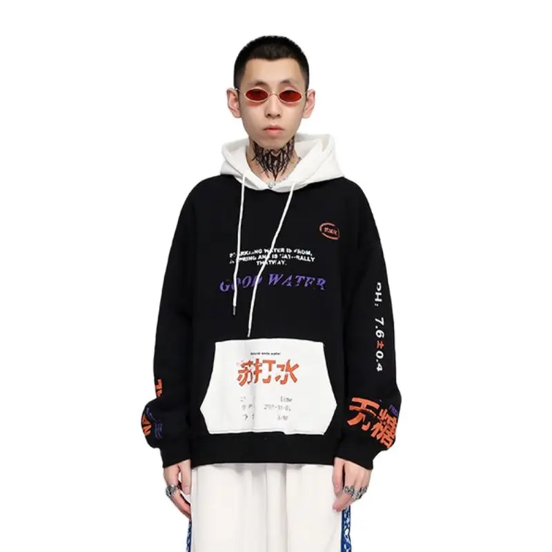 

2021 Japan Style Kanji Soda Water Print Khaki Fleece Hoodies Men Harajuku Sweatshirt Cotton Hooded Pullover Gothic Clothes Felpe