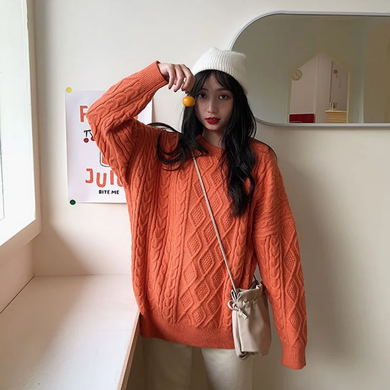 

Pullovers Women O-neck Vintage Female Sweaters Loose Spring Autumn All-match Students Casual Knitting Solid Color Long Sleeve