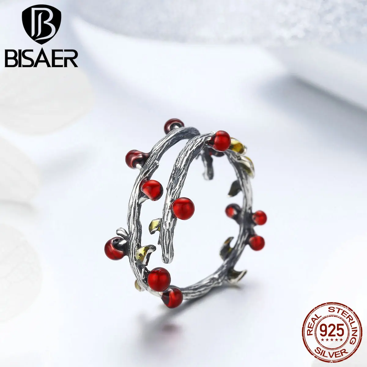 BISAE винтажные 925 пробы серебряные регулируемые осенние ветви дерева Листья палец кольца для женщин Свадебные Серебряные украшения кольцо ECR442