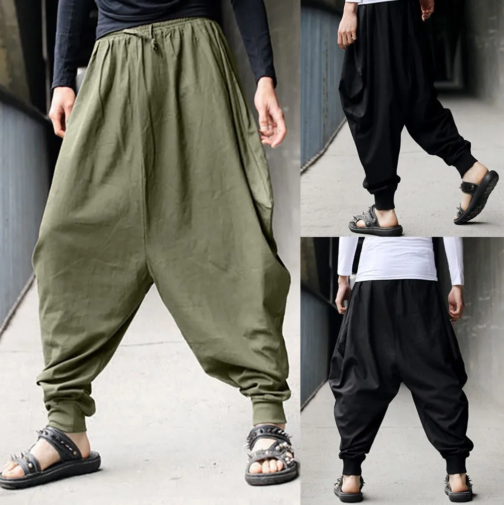 Брюки мужские pantalones hombre уличная тренировочные штаны-шаровары хлопок лен фестиваль мешковатые Твердые Брюки Ретро цыганские штаны