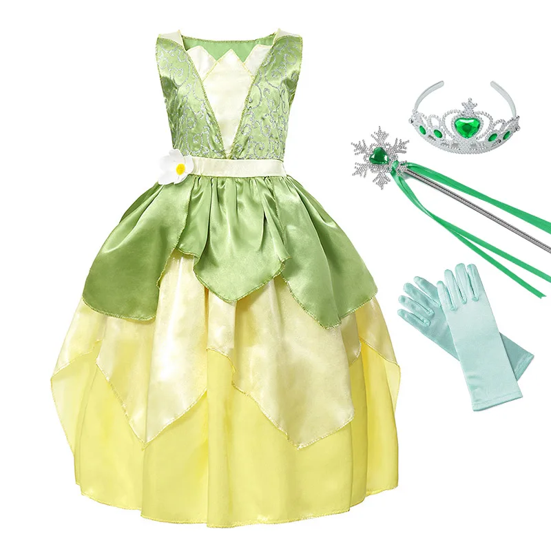 Tiana Dress Set 02 YOFEEL/костюм принцессы тианы для девочек; нарядные платья; маскарадный костюм принцессы и платье с лягушкой; детское праздничное платье на Хэллоуин и день рождения - Цвет: Tiana Dress Set 02