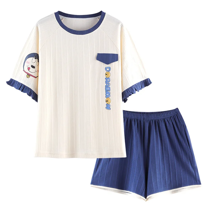 

Women's pajamas summer ladies knitted striped cotton pajamas Korean casual cute short-sleeved shorts two-piece suit home pajamas
