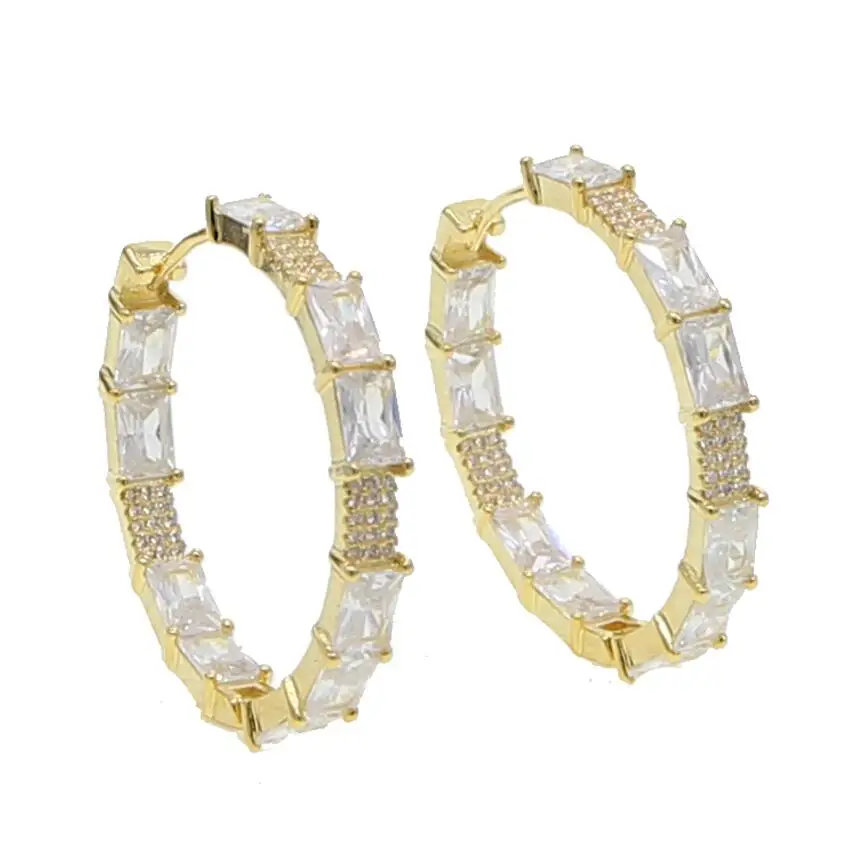 geometric square baguette cz pastel colorful huggie hoop earring stunning trendy women jewelry - Окраска металла: white cz