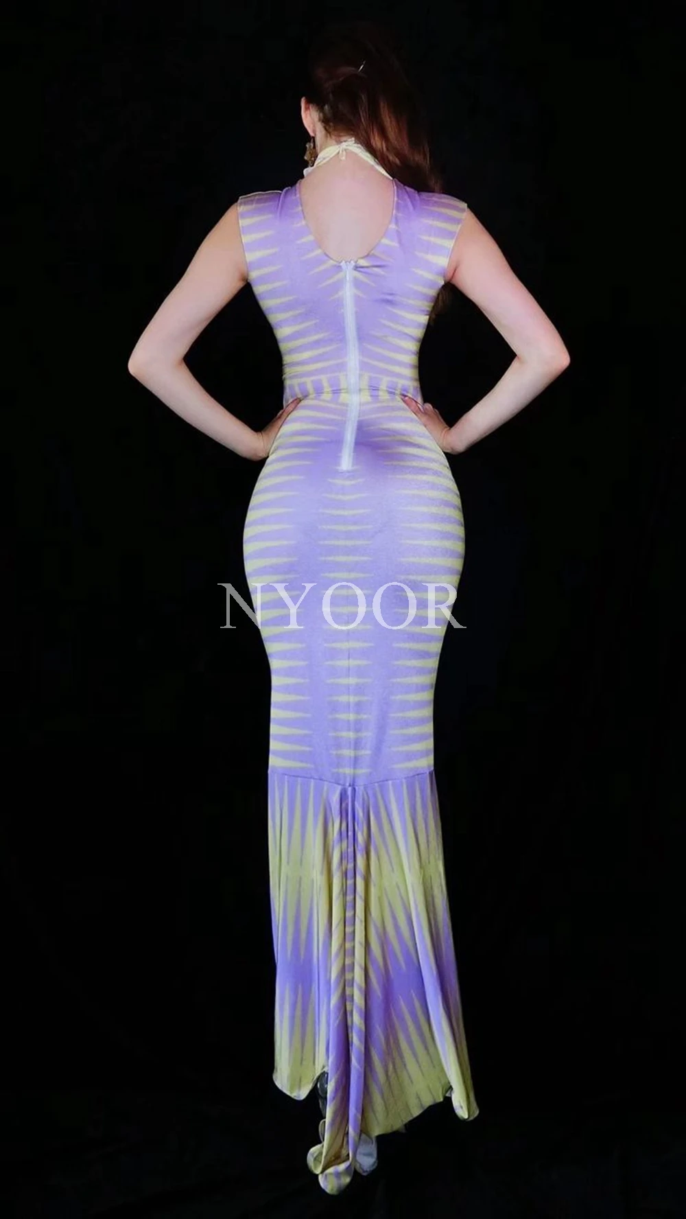 

Yellow Purple Print Spandex Mermaid Dress Prom Party Evening Show Floor-length Outfit Women Bar Singer Stage Long Dress
