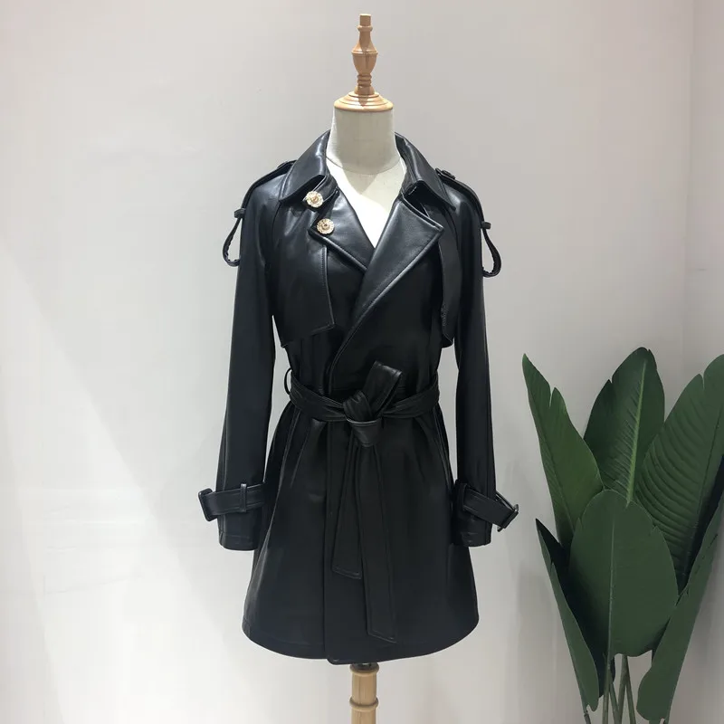 

Женские пальто из 100% натуральной овечьей кожи, ветровка с ремнем, 2019