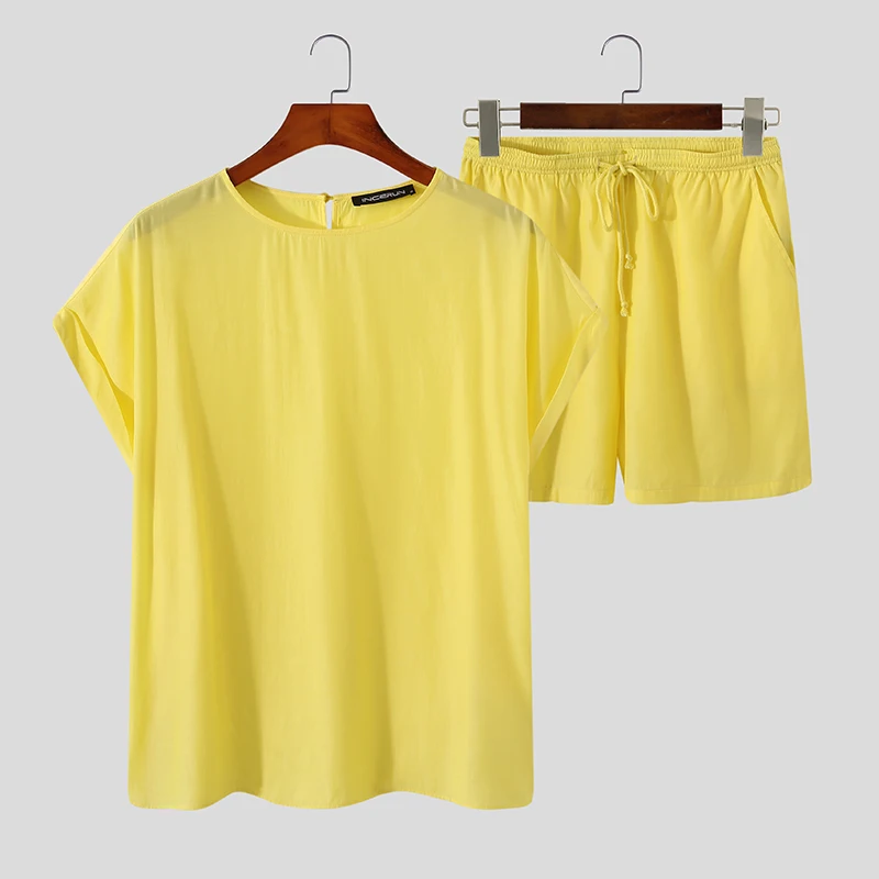 

Men Pajamas Sets Cozy O Neck Short Sleeve Tops Sleepwear Drawstring Shorts Homewear Solid Color Men Nightwear Suits 5XL