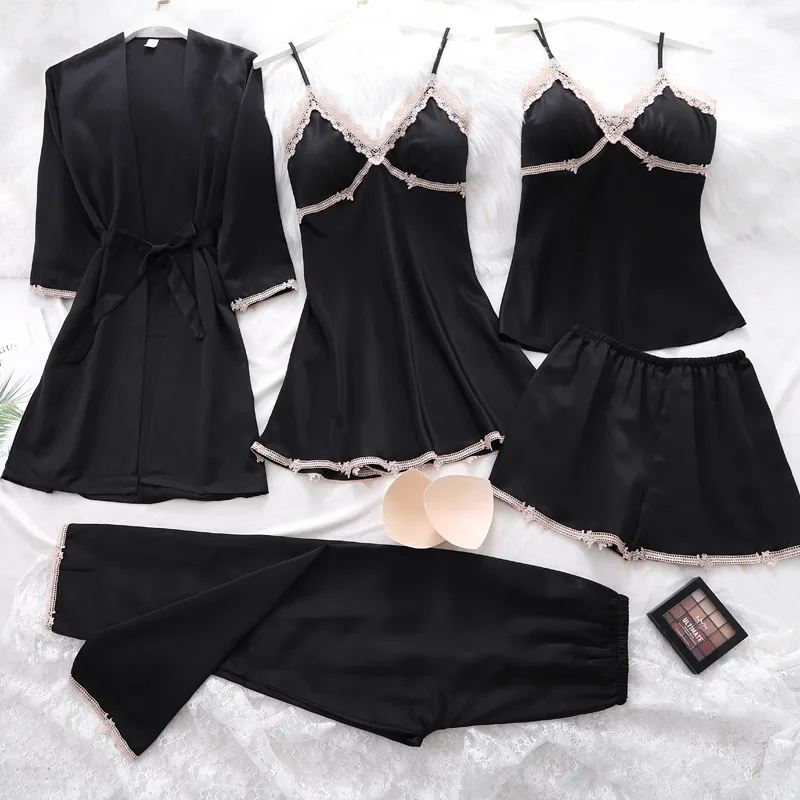 

Spring Autumn New Nightwear Sleep Set 5PCS Pajamas Suit Women Satin Blue Lace Sleepwear Intimate Lingerie Sexy Pyjamas