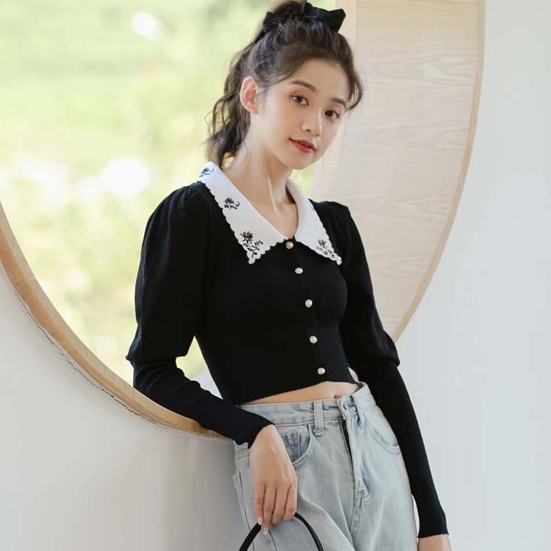 

New Japan Style Embroidery Turn-down Collar Puff Sleeve Short Sweater Women Autumn Winter Single Breasted Slim Cardigan Sweaters