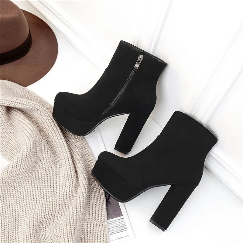 

fanyuan2020 new top quality faux suede boots women high heels platform ankle boots for women zipper autumn winter shoes female