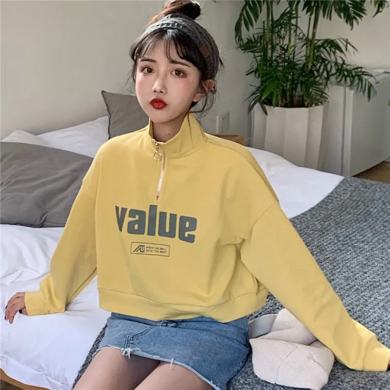 

Новые толстовки, женские повседневные облегающие Короткие хлопковые свитшоты с буквенным принтом, женские топы с воротником-стойкой и длин...