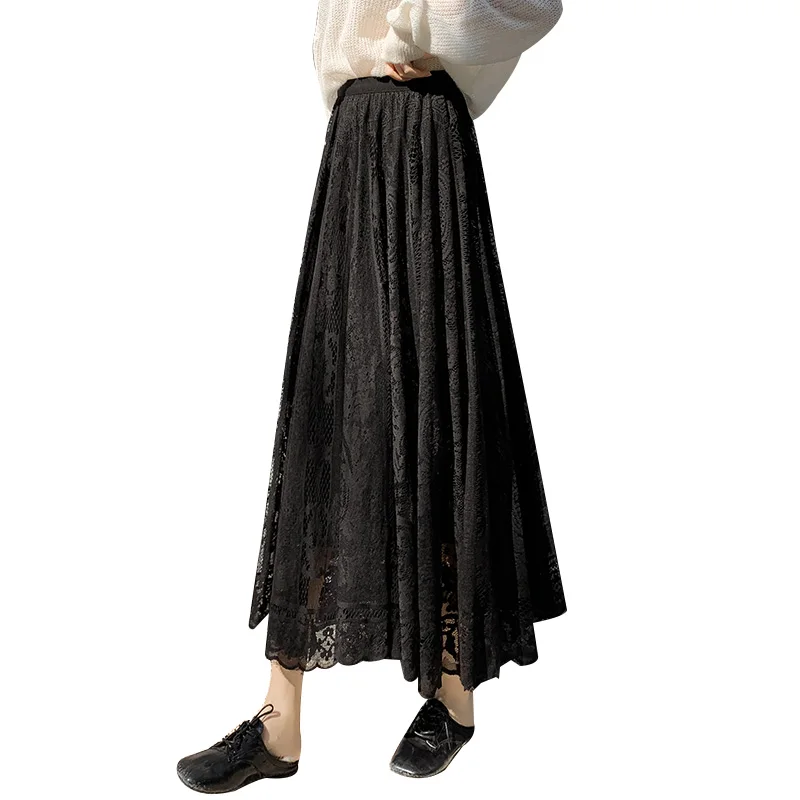 

Women's Elegant High Waist Hollow Out Lace Maxi Skirt 2021 Summer Ladies Casual Elastic Waist 2 Layers Skirts Feminina