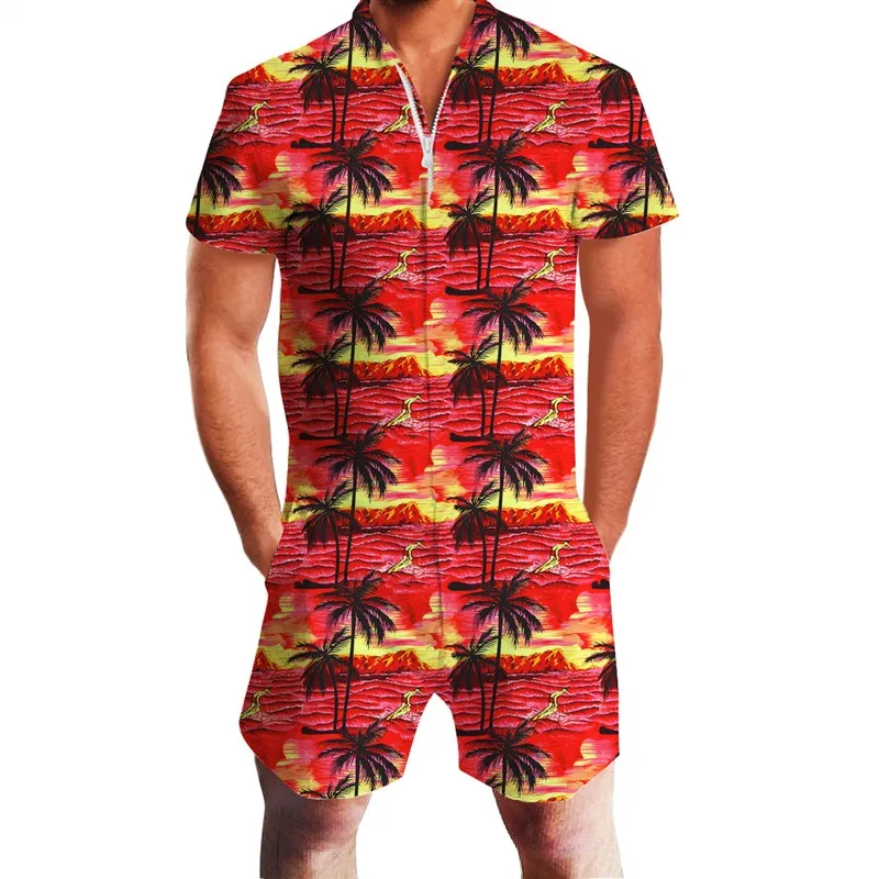 palm tree New Mens Rompers 90s Jazz Solo 3D Paper Cup Printed Jumpsuit Harem Cargo Overalls Summer Hip-Hop Casual Bibs Pants Dropship - Цвет: palm tree