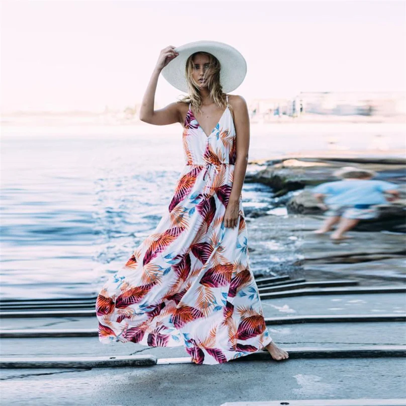 Платье богемное пляжное платье с декольте 2019 новое модное Для женщин летние Maxi