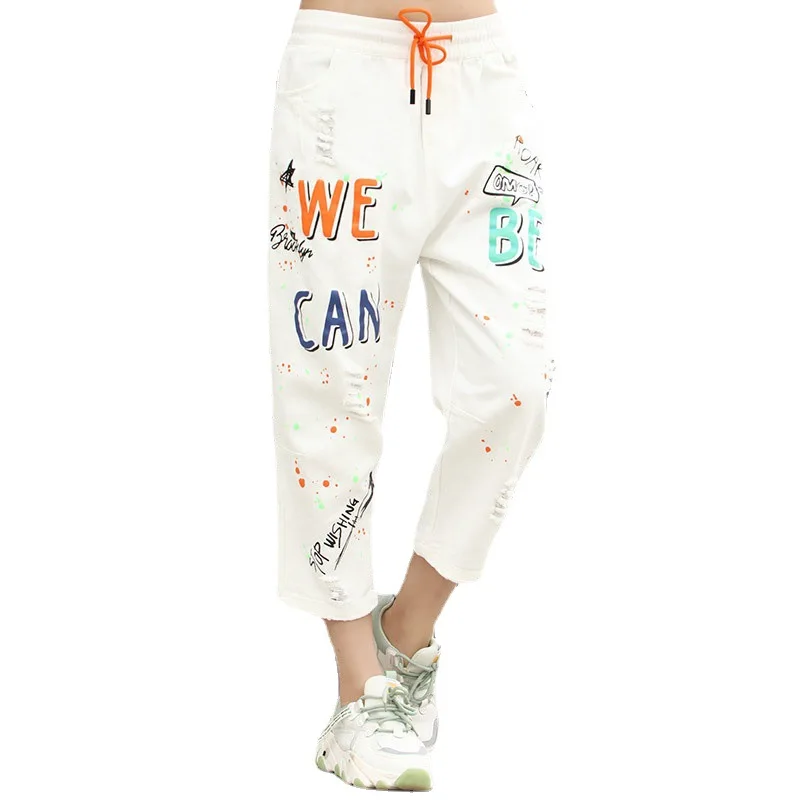 

White Jeans High Waist Elastic 2021 Summer Trousers Ripped Jean Letters Print Street Trend Harem Calf Length Denim Pants Women