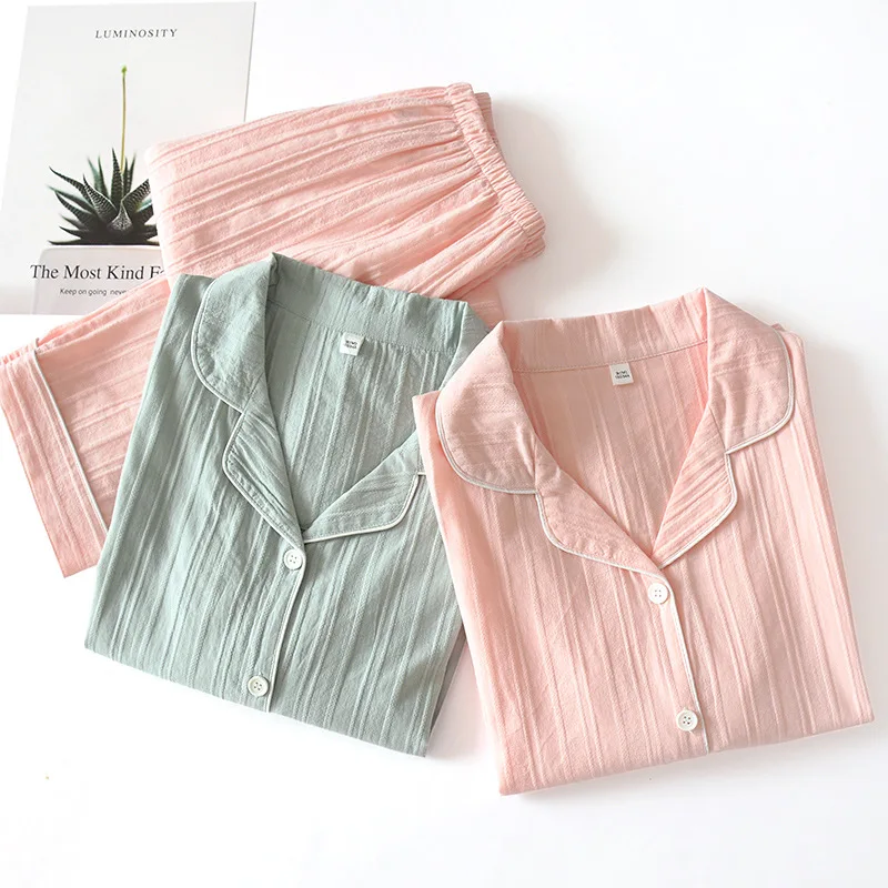 

Women Spring Pure Cotton Long Sleeve Pajamas Turn-down Collar Striped Pyjamas Loungewear Sleepwear Home Clothes Plus Size 2piece