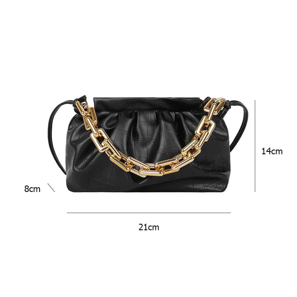 

Women PU Leather Pleated Handbag Fashion Stone Pattern Thick Chain Shoulder Crossbody Bags Vintage Solid Color Cloud Purse