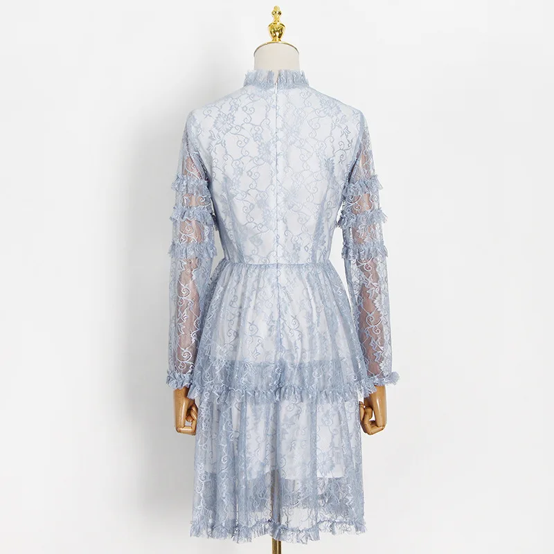 

Model Style 2021 Summer New Lace Embroidery Stitching Solid Color Stand Collar Temperament High Waist Slim Short Dress