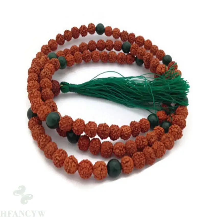 

8mm Rudraksha green Jade gemstone Tassel 108 Beads Mala Necklace Healing Buddhism Bless Handmade Chakas pray Sutra Fancy Wrist