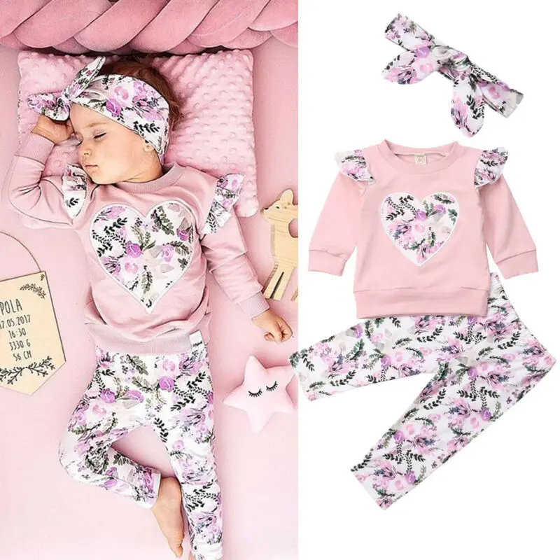 

2pcs Autumn Clothes Toddler Baby Girls Clothes Flower Long Sleeve T shirt Tops Legging Headband Children Sets 6m-4T