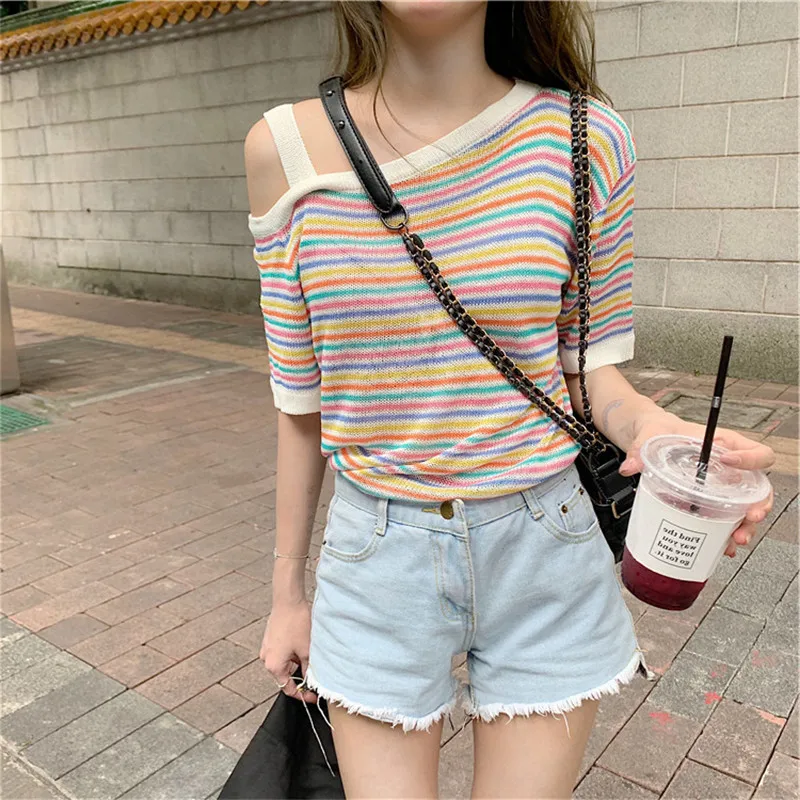 

Super fire short-sleeved women's short short small man with navel niche scheming skinny striped t-shirt top women