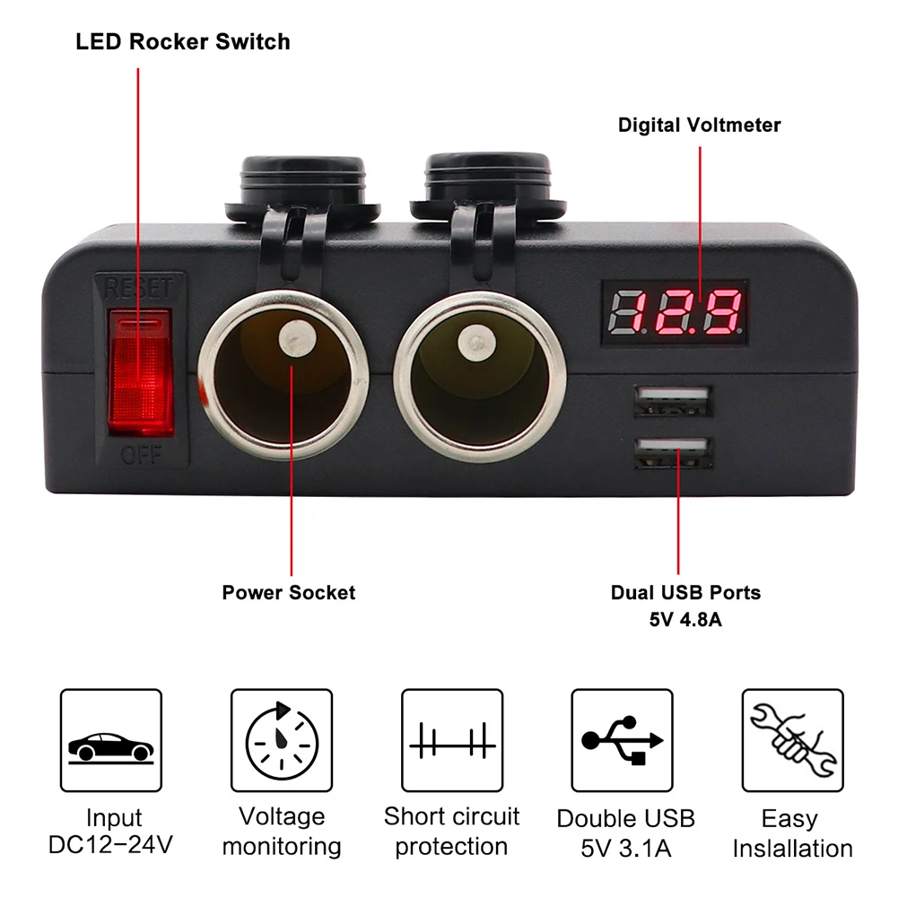 

Гнездо прикуривателя для грузовика, автомобиля, лодки, зарядное USB-устройство, вольтметр с переключателем для уличных личных автомобильных ...
